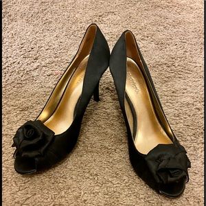 Black satin peep-toe heels